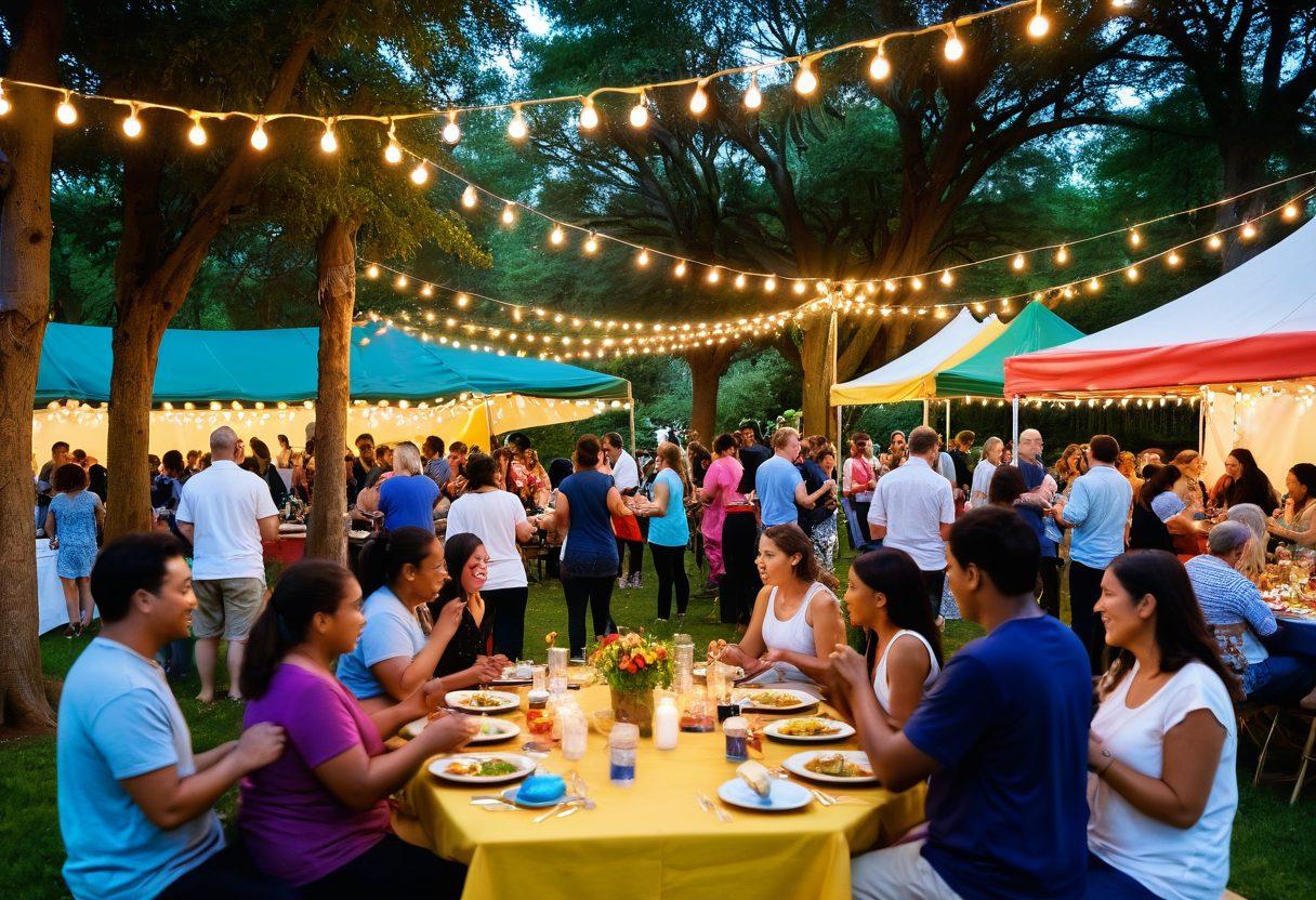 A vibrant community event scene showcasing diverse groups of people joyfully interacting, sharing laughter and stories under colorful banners and fairy lights. Include various activities like a potluck, games, and crafts, all set in a lush park with greenery. Emphasize friendship and connection among participants of different ages and backgrounds. joyful, inviting atmosphere. super-realistic. vibrant colors.