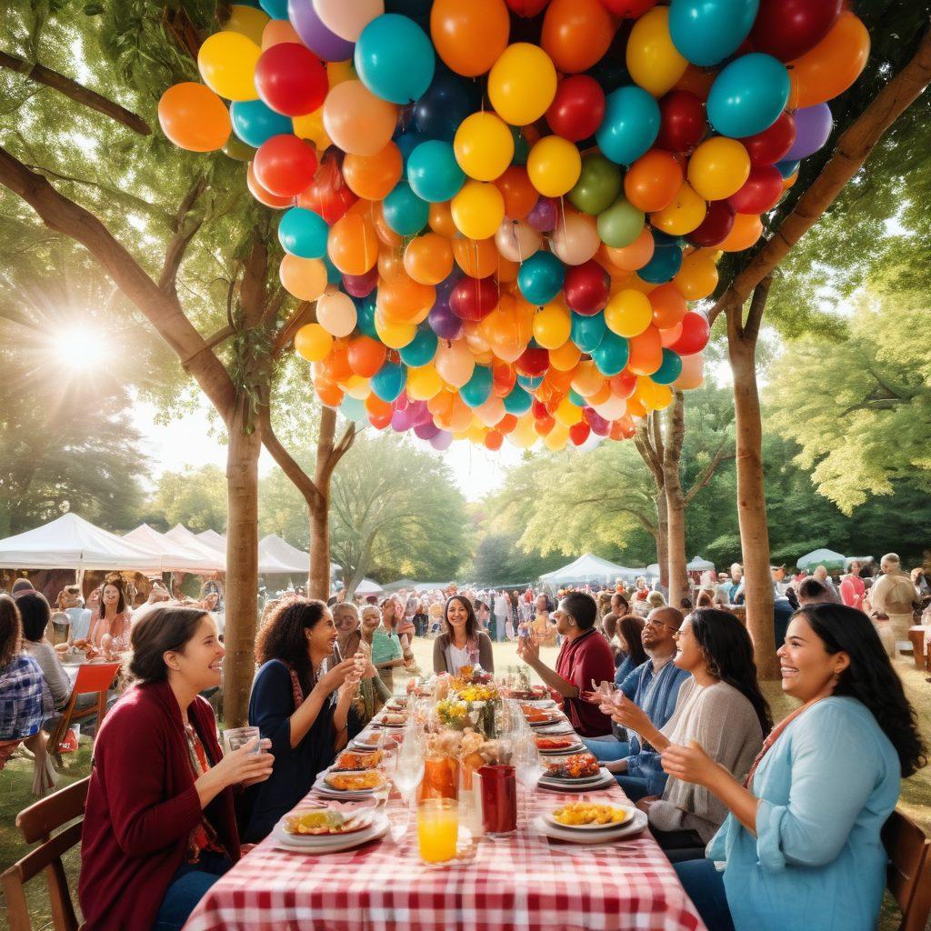 A vibrant scene of diverse people joyfully engaging in a lively outdoor gathering, surrounded by colorful decorations, laughter, and shared meals. Sunlight filters through trees, casting warm glows on their faces, encapsulating the essence of community and connection. Include elements like balloons, picnic blankets, and a diverse group representing various cultures. super-realistic. vibrant colors. warm tones.