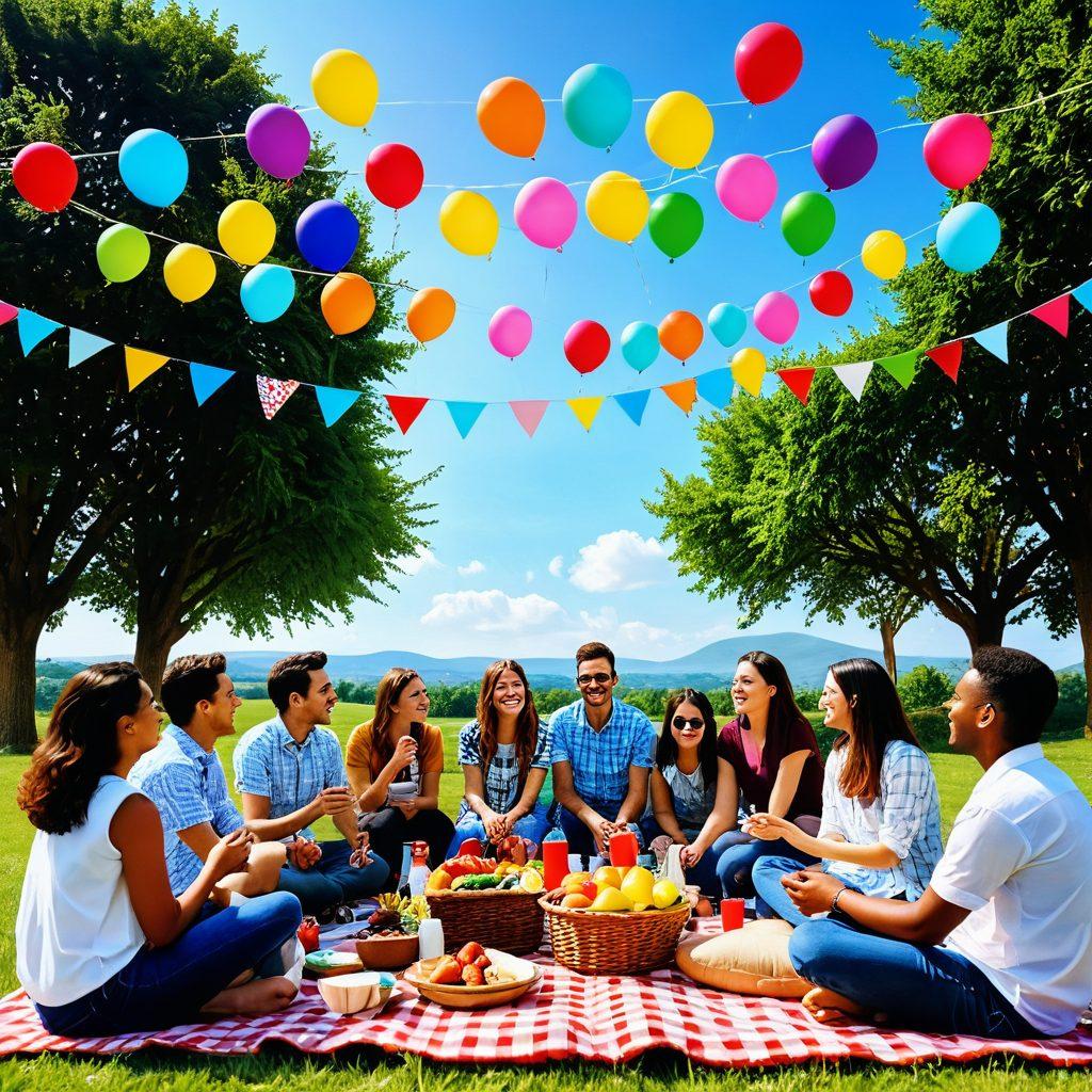 A vibrant scene of diverse people joyfully mingling at an outdoor meetup, surrounded by colorful decorations and engaging activities. Include a picnic setup with delicious food, laughter and conversations in the air, and a backdrop of a sunny sky. Capture the essence of connection and happiness among friends, old and new. lively and cheerful atmosphere. super-realistic. vibrant colors.